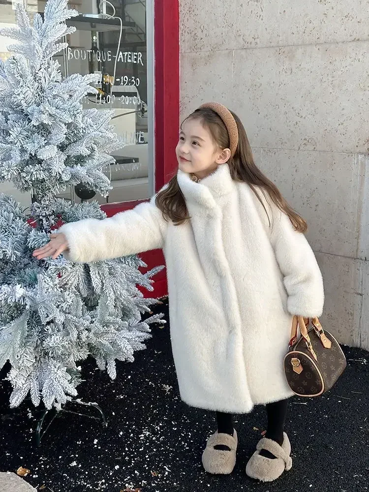 Cotton Thickened Warm Faux Fur Coat for Girls Children Baby Stand Up Collar Plush Cold Resistant Autumn and Winter Coat