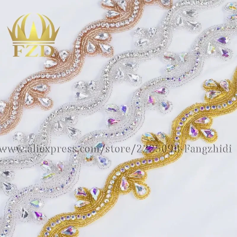 FZD 10 PIECES Handmade Sew Iron On Diamante Clear Beaded Crystal Rhinestone Patch for Wedding Dresses Bridal Sash Garters