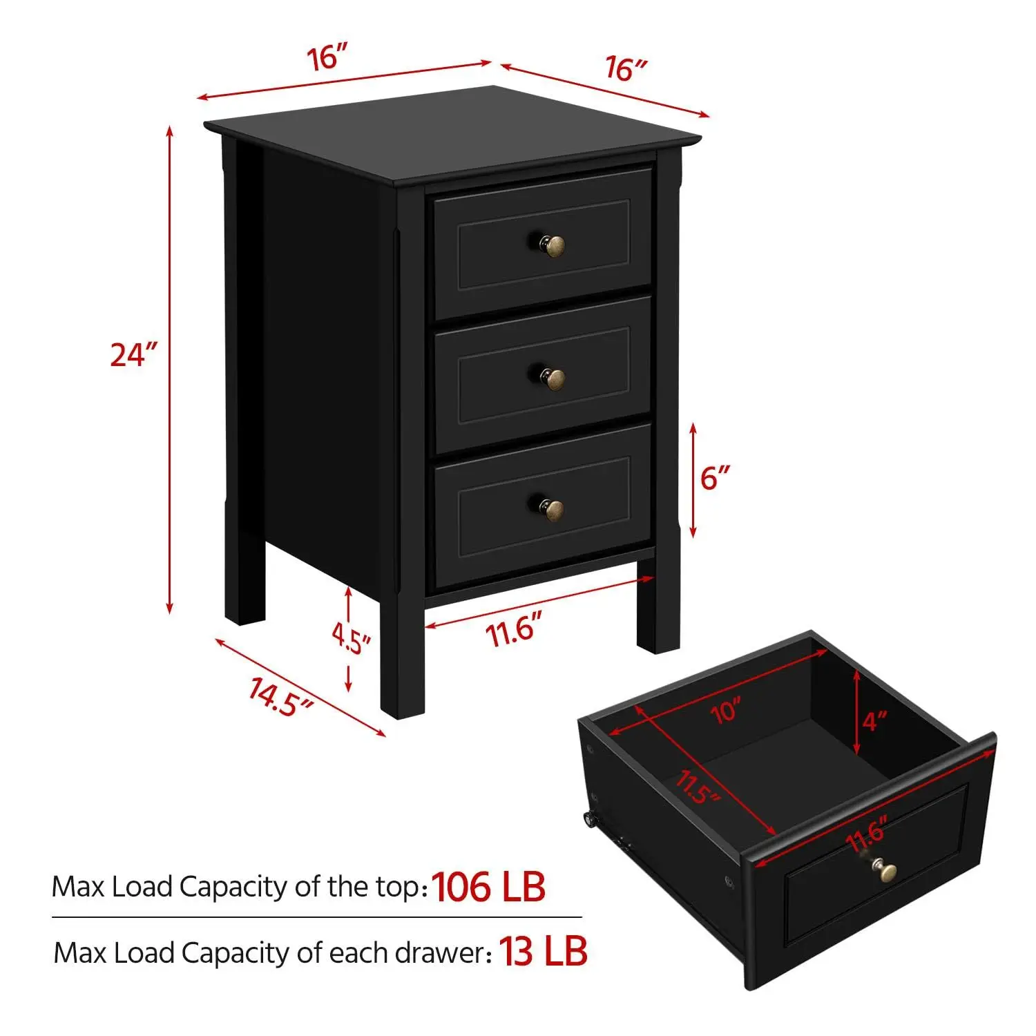 Set of 2 Wooden 3-Drawer Nightstands, Bedside Storage Cabinet with Solid Wood Legs, Customized
