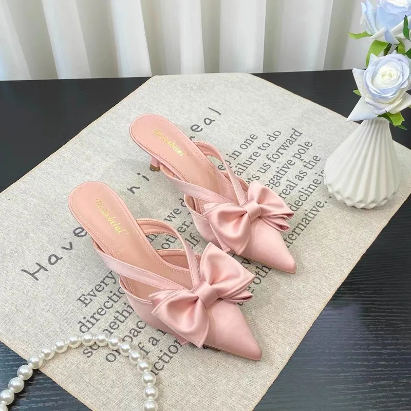 New Women's Spring and Summer Pointed Toe Bow Hollow High Heel Half-Toe Slippers Fashionable Thin Heel Sandals Zapatos Mujer