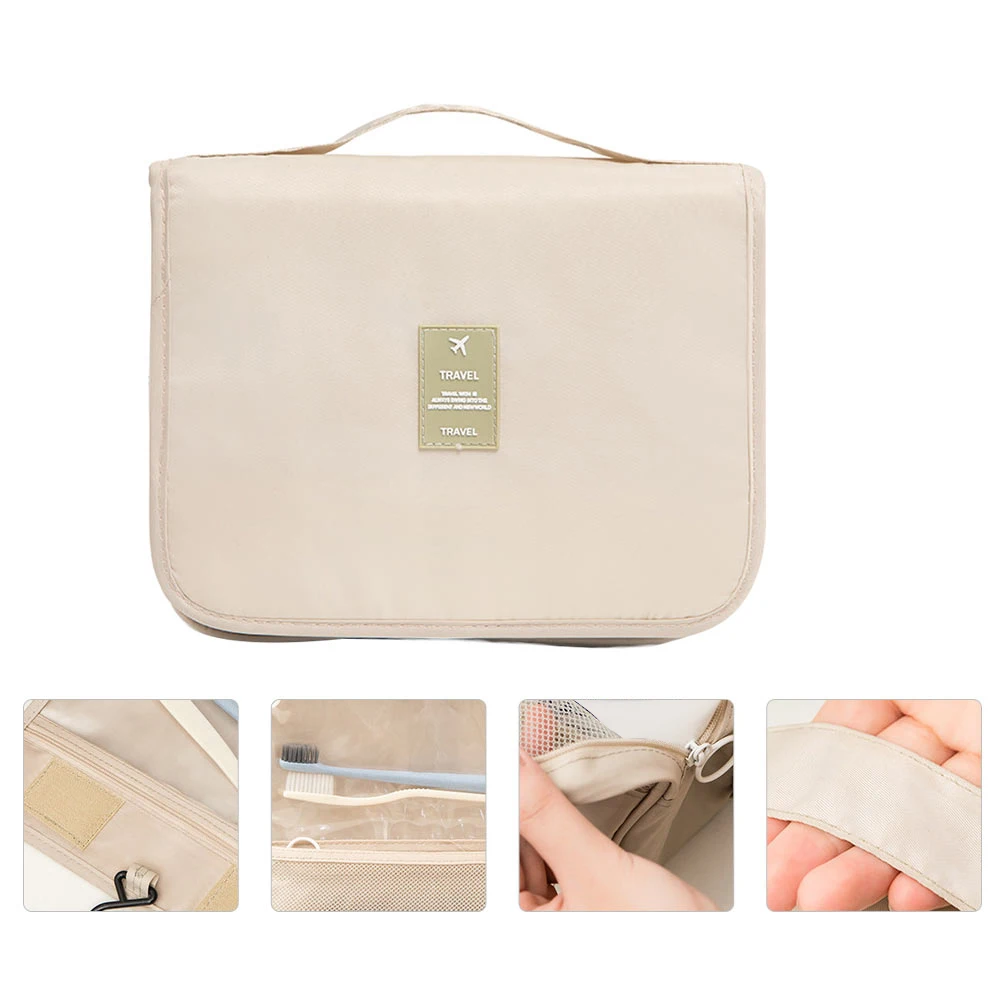 

Hanging Makeup Bag Beige Travel Storage Pouch Durable Folding Design Visible Mesh Easy to Use Folding Makeup Bag