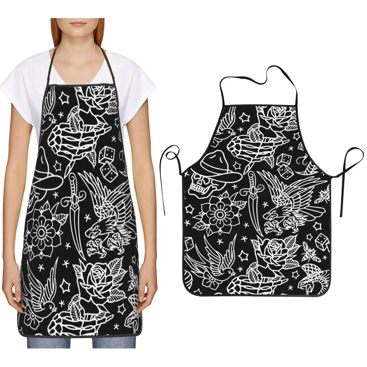 American Traditional Tattoo Flash Print Apron Chef Cooking Cuisine Tablier Bib Kitchen Cleaning Pinafore for Women Men Gardening