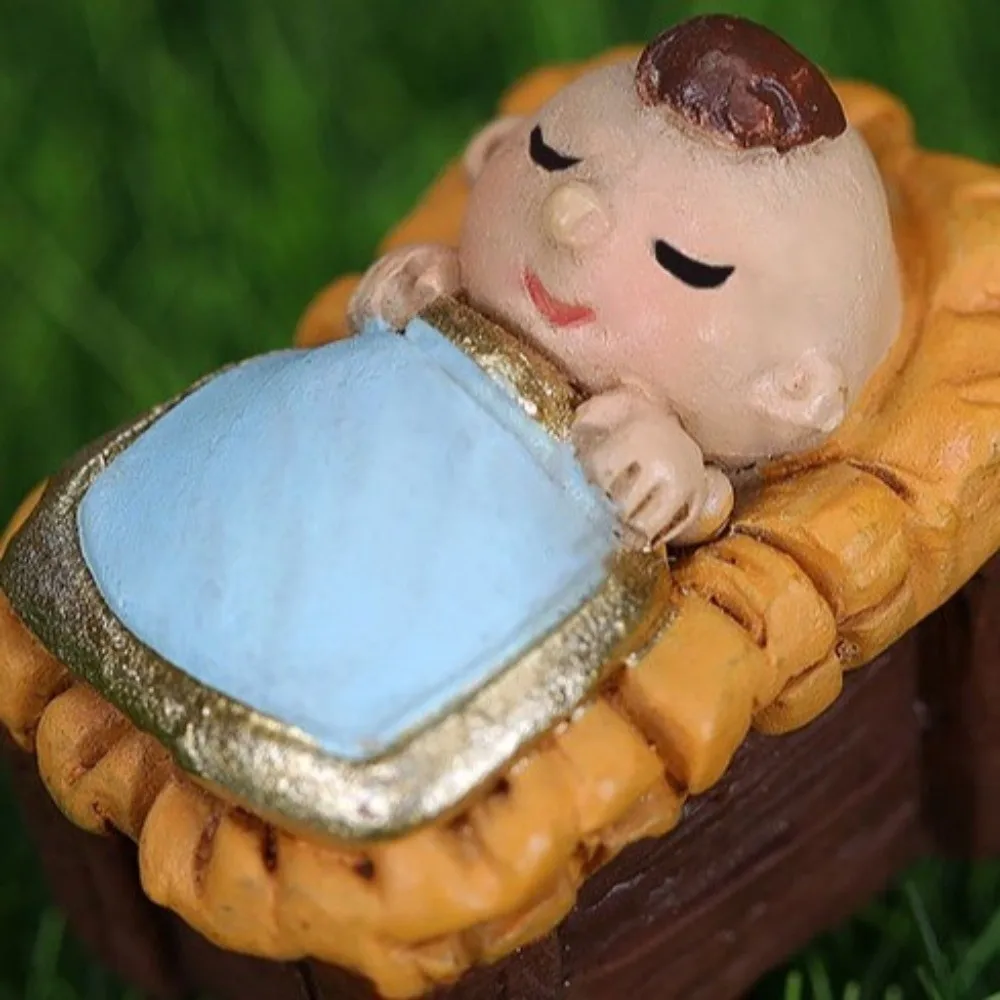 Resin Nativity Manger Ornament Cartoon LED Lights Nativity Figurine Hand Painted Miniature Jesus Child Statue Bedroom