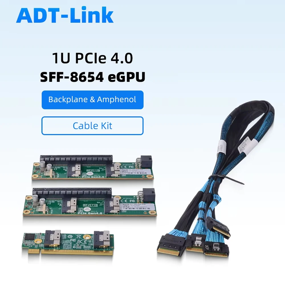 PCIe 4.0 SFF-8654 Adapter Card 1U ,MCIO Baseplate SlimSAS SFF 8654 8i Cable Riser Kit for EGPU Game GPU External Expansion