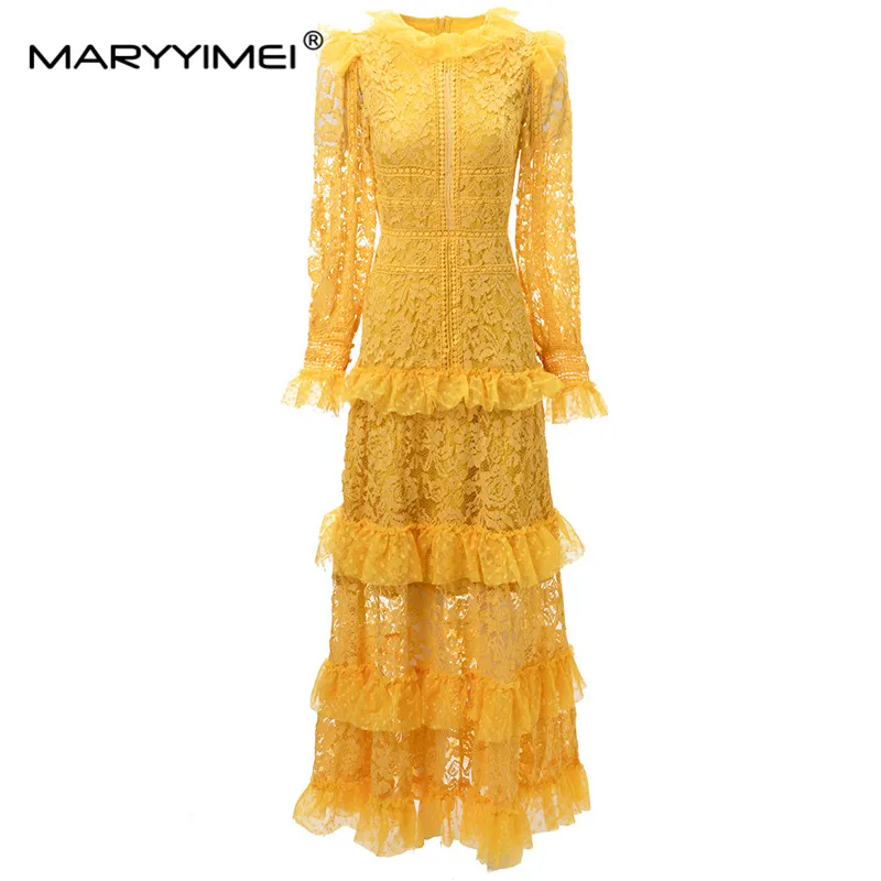 MARYYIMEI New Fashion Runway Designer Women's Round Neck Ruffled Long Sleeved Embroidered Retro Golden Hollow Out Dress