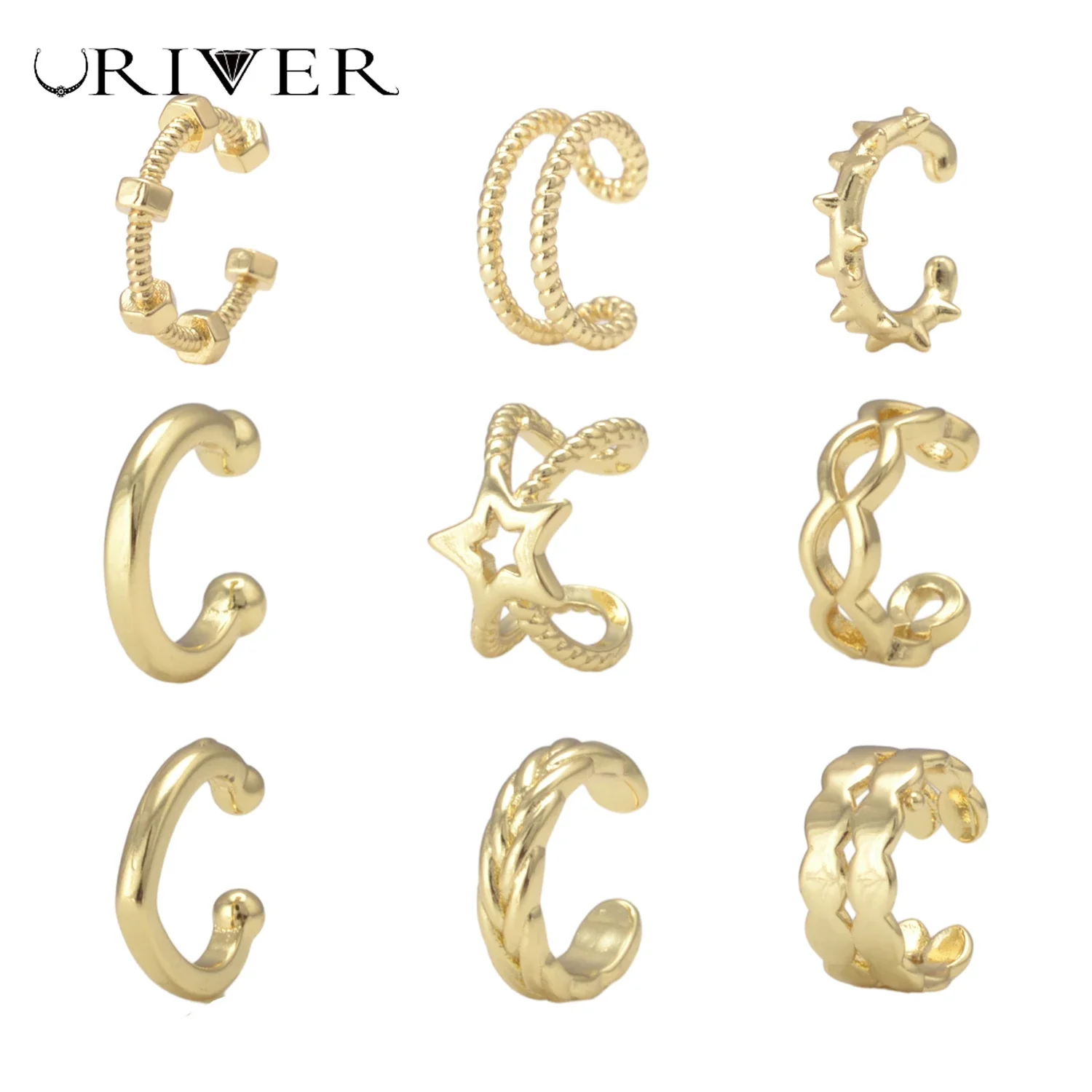 

LJRIVER 5 Pairs Brass Earrings for women men Gold Color Cuffs C Shape Trendy Ear Clip No Pierced Ear Cuffs Top Quality Jewelry