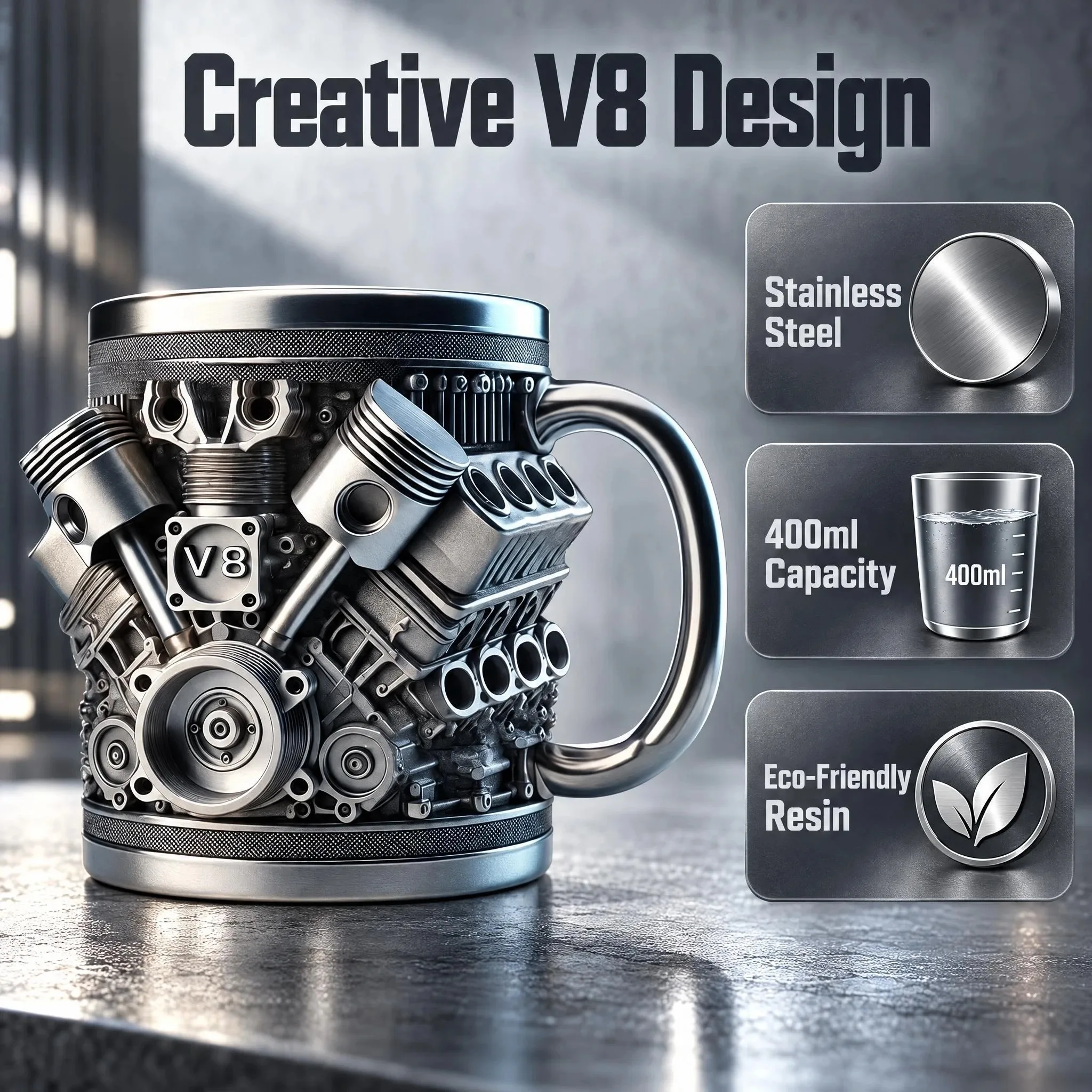 V8 Engine Stainless Steel Coffee Mug, 3D Metal Mechanical Car Engine Water Bottle, Unique Automotive Enthusiast Gift For Fathers Day, Novelty Collectible Mug For Car Guys & Mechanics, Perfect For Hot/Cold Beverages