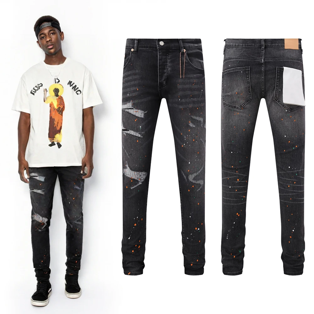 

Streetwear Clothing Black Denim Slim Fit Jeans Hip Hop Street Style Retro Distressed Ripped Rock Revivals Skinny Jeans for Men's