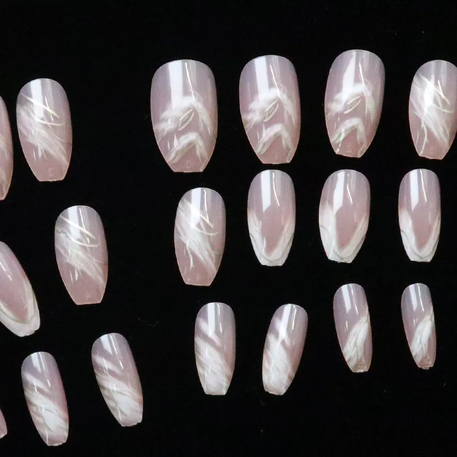 24 pçs simples branco mancha francês curto caixão unhas falsas com cola aurora linhas de pó quadrado unhas falsas para mulher destacável