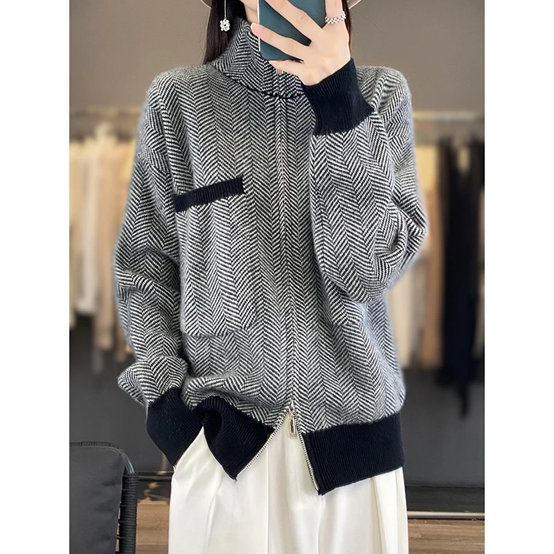 Women\'s cardigan 100% Australian wool sweater color matching knitted high neck full sleeve jacket Women\'s new pure wool sweater