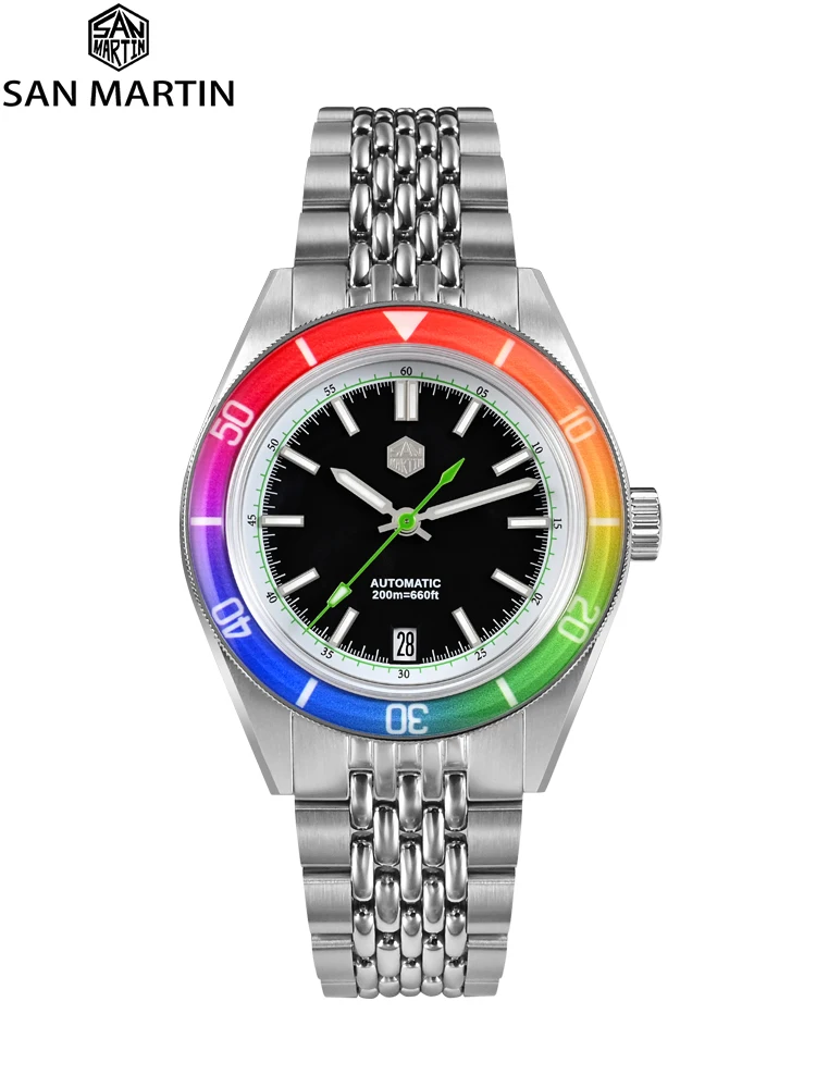 

San Martin Original Design 39.5mm Fashion Men Diving Watch Sapphire Rainbow Bezel Mechanical Watches Luminous Date 200m SN0116