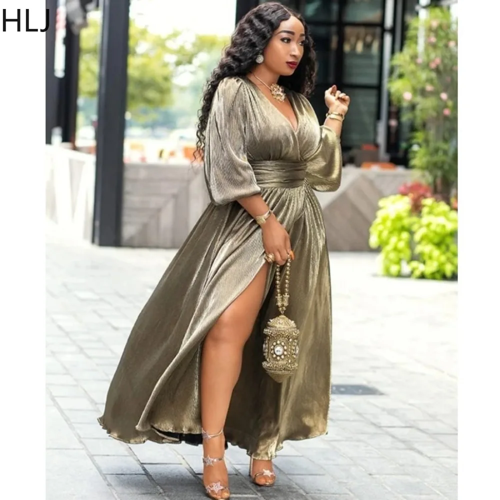 

HLJ Fashion Solid Color Deep V High Slit Maxi Dress Women Long Sleeve Loose A-line Dress Spring New Female Party Club Streetwear