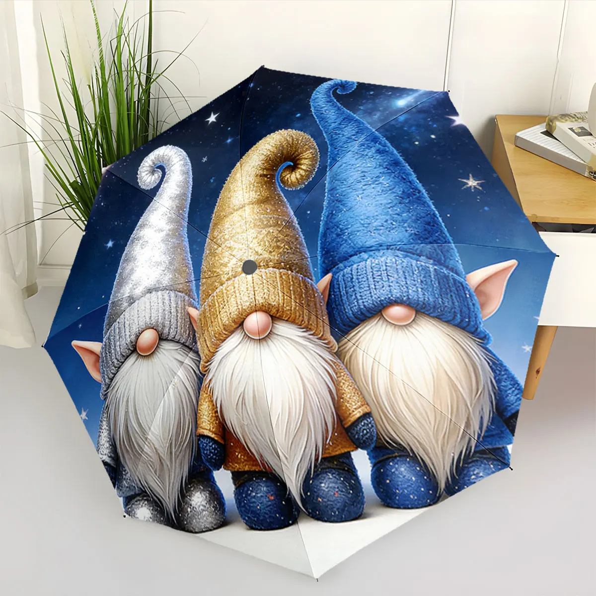 1PC Whimsical Gnomes Under Starry Night Umbrella Print 8 Iron Ribs Folding Umbrella Auto-Open Fashion Sunshade