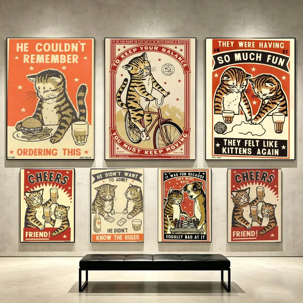 Comical Carefree Art Drunk Cats Poster Self Adhesive PP Wall Art No Frame Bedroom Playroom Decor