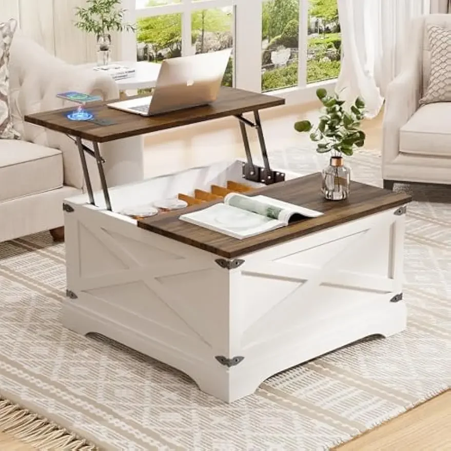 Lift Top Coffee Table with Storage, Square Coffee Table for Living Room with Wireless Charging, Farmhouse Coffee Table