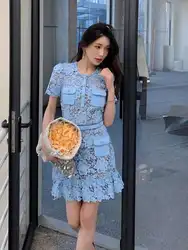 JAMERARY Summer Holiday Party Prom Blue Lace Embroidery Short Dress Women Diamonds Button Mini Vestidos Female Quality