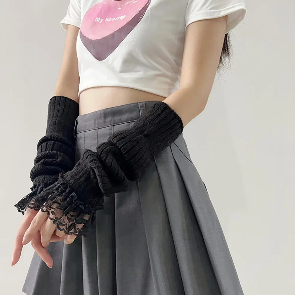 ถุงมือไหมพรมแขนยาวแบบกอธิค แต่งลูกไม้ระบาย ปลายแขนถักแบบยาว ถุงมือไหมพรมแบบไม่มีนิ้ว อุ่นสำหรับขี่มอเตอร์ไซค์ ถุงมือผู้หญิงสำหรับฤดูหนาว ปลอกแขนผู้หญิง
