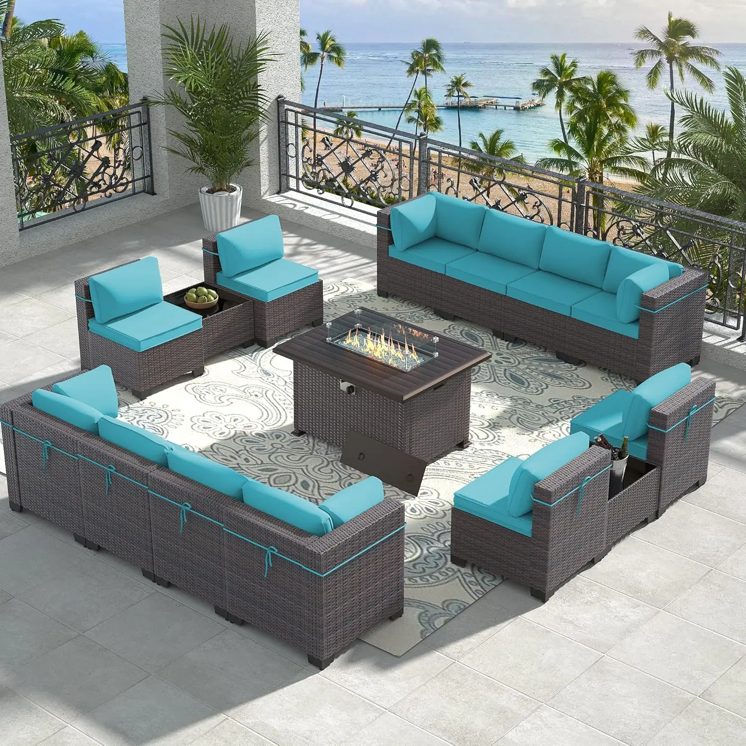 Outdoor Patio Furniture with Propane Fire Pit Table Sectional Sofa Conversation Sets w/ETL Approved