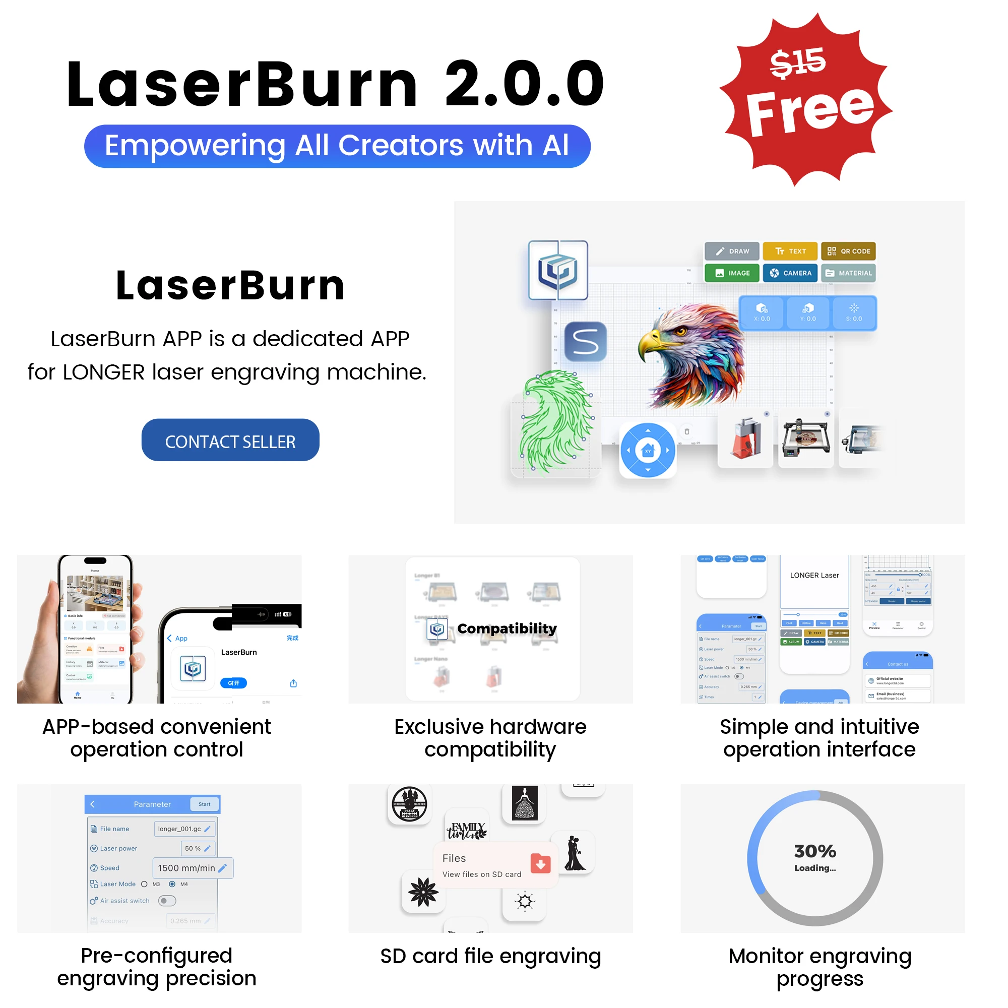 Mini Laser Engraving Machine Engraver High Speed Wifi DIY Customize Gifts + 8 pcs Raiser Tools + Protective Goggles + LaserBurn