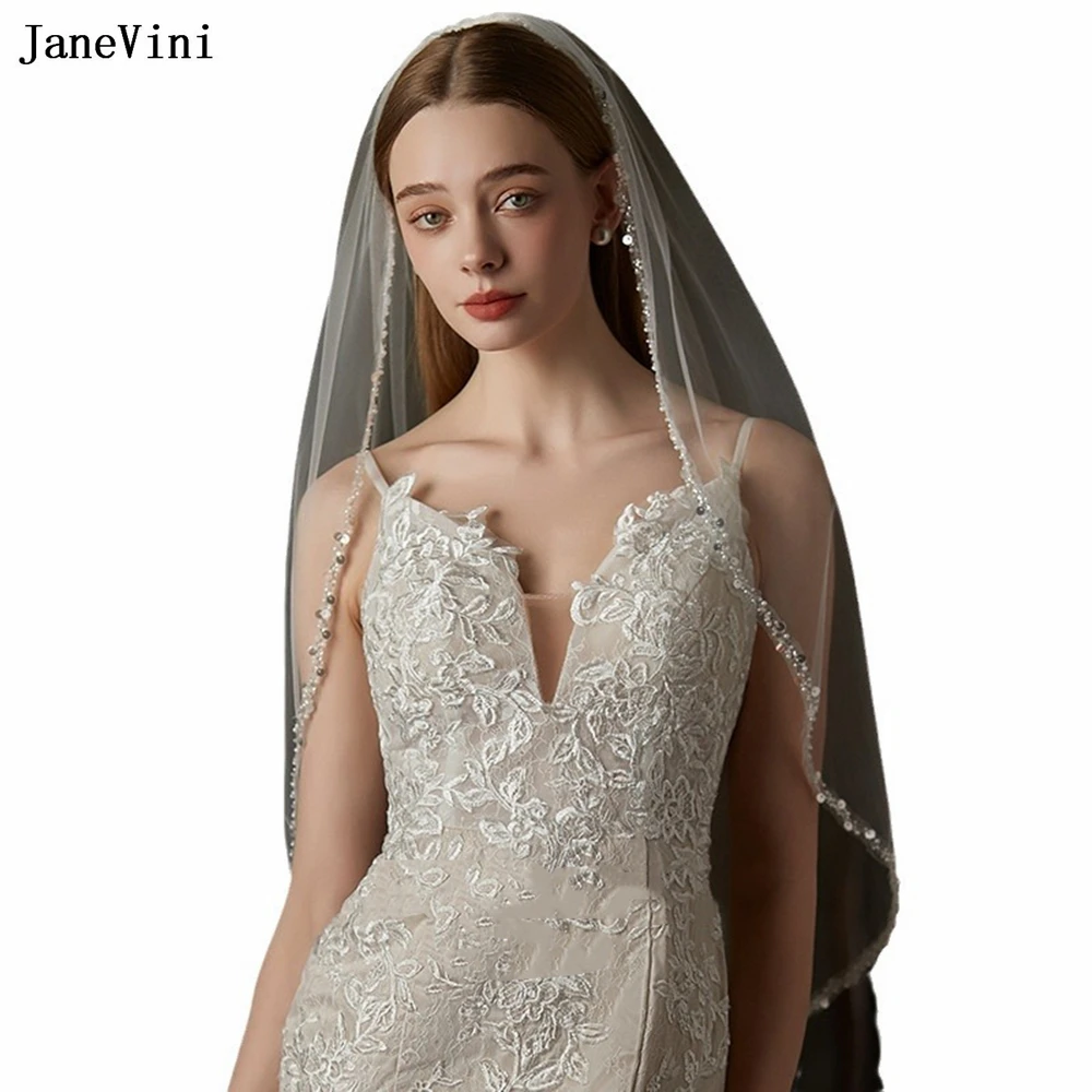 JaneVini New Off White Wedding Veils with Metal Comb One Layer Beaded Edge Soft Tulle Bridal Veil Head Veils Wedding Accessories