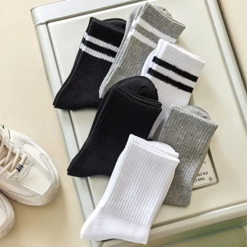 1/2pairs Women Cotton Fashion Milddle Tube Sock Striped Pattern Solid Color Black White Breathable Sock Comfortable Simple Socks