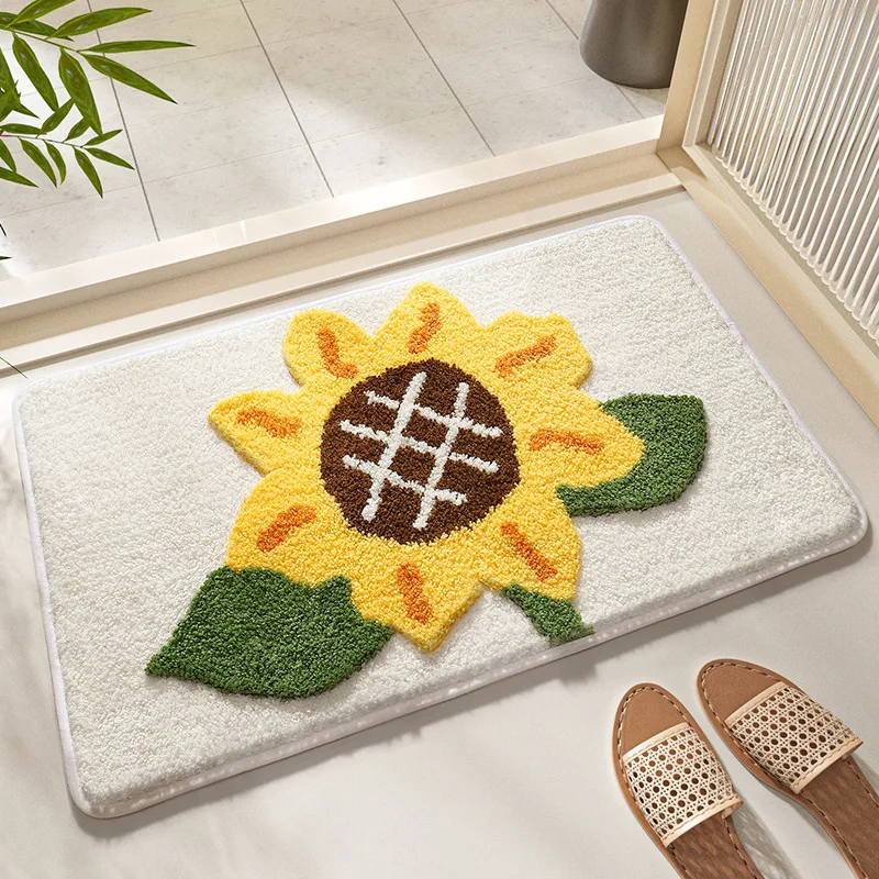 Cartoon Style Sunflower Bath Mat Thickened Encrypted Plush Bathroom Absorbent Foot Mat TPR Anti-slip Flocked Bathroom Rug