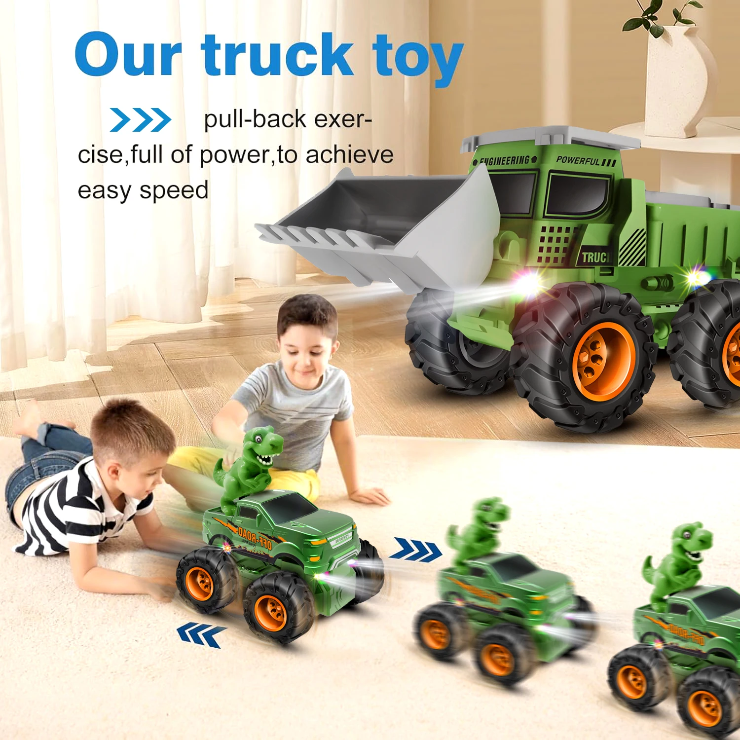 LED照明付きプルバックトラックおもちゃ ディノフィギュア T-レックス恐竜をテーマにした車の輸送トラック 男の子用 幼児教育ゲーム
