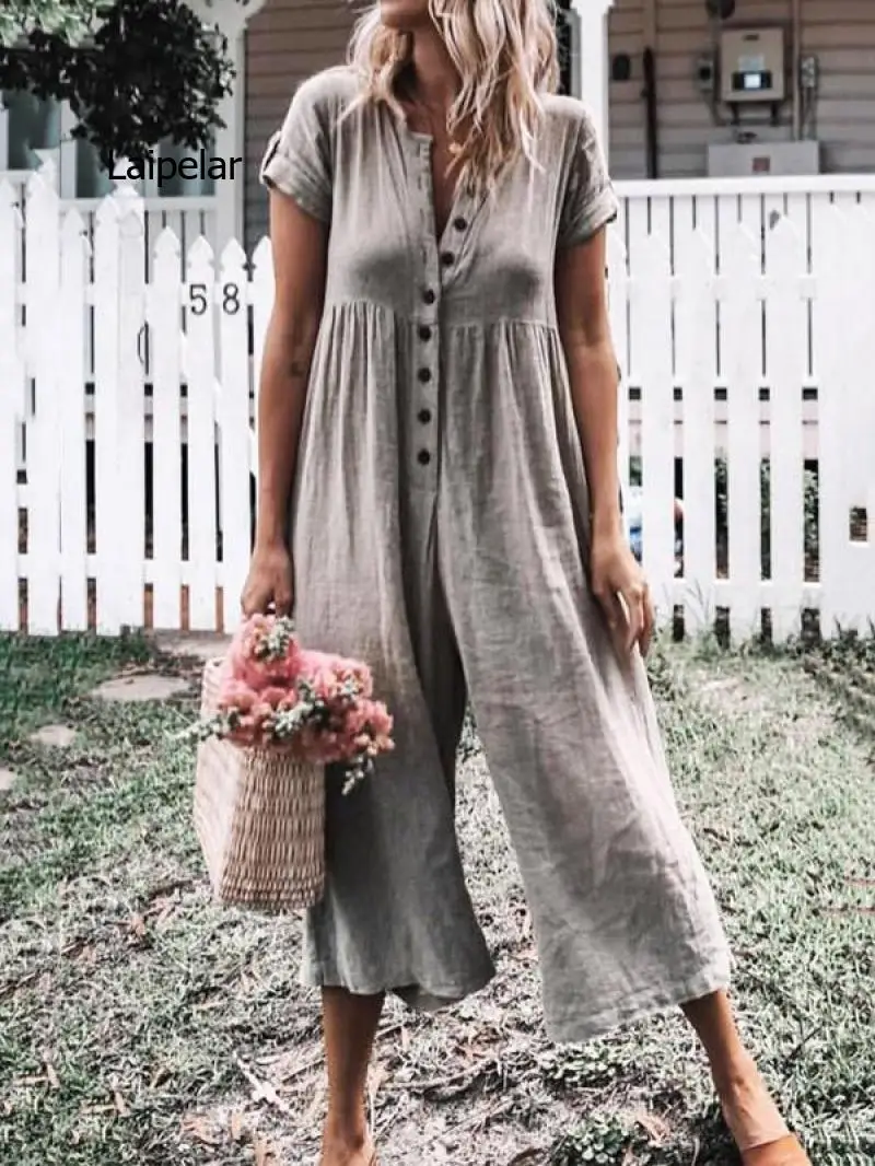 

2022 Summer Vintage Women Short Sleeve Jumpsuit Casual Solid Buttons Playsuits Loose Wide Leg Pants Overalls