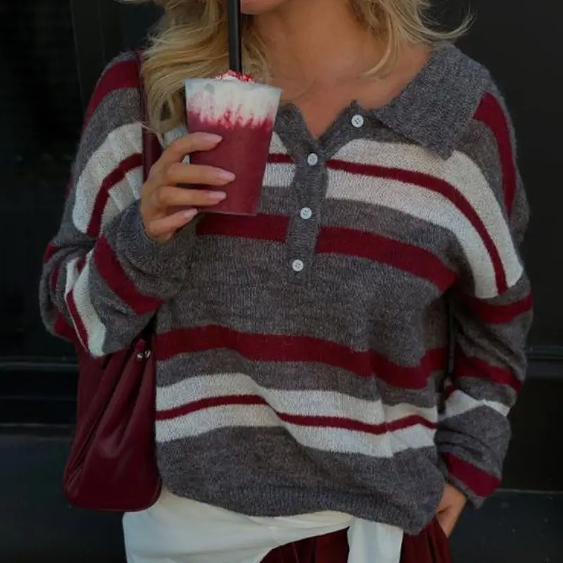 Combhasaki المرأة Y2k خمر فضفاض محبوك سويتر مقلم كم طويل رفض الياقة زر حتى تريكو Preppy البلوز القمم