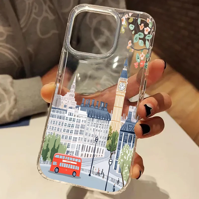 Charming London Cityscape with Pink Blossoms Transparent Phone Case Cover for iPhone 17 16 15 14 13 12 11 Pro Max XS XR 7 8 Plus