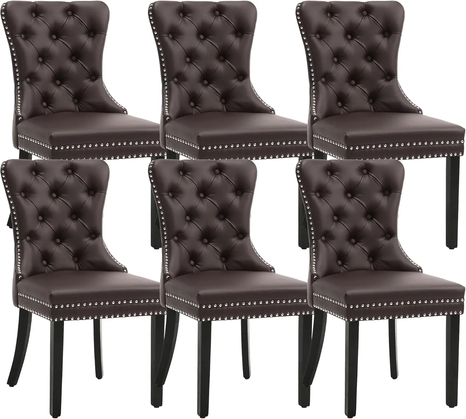 Brown，Faux Leather Dining Chairs Set of 6, Upholstered High-end Tufted Dining Room Chair with Nailhead Back Ring Pull Trim Solid