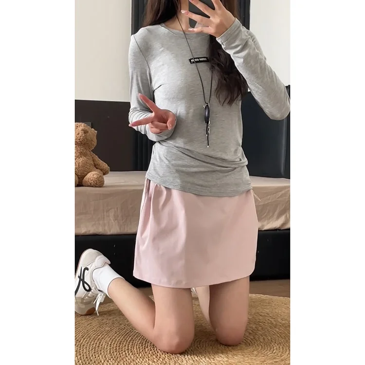 Damska spódnica z wysokim stanem, luźna, wygodna, różowa, letnia, nowa, zapobiegająca prześwitywaniu, codzienna, z detalami, spódnica robocza.