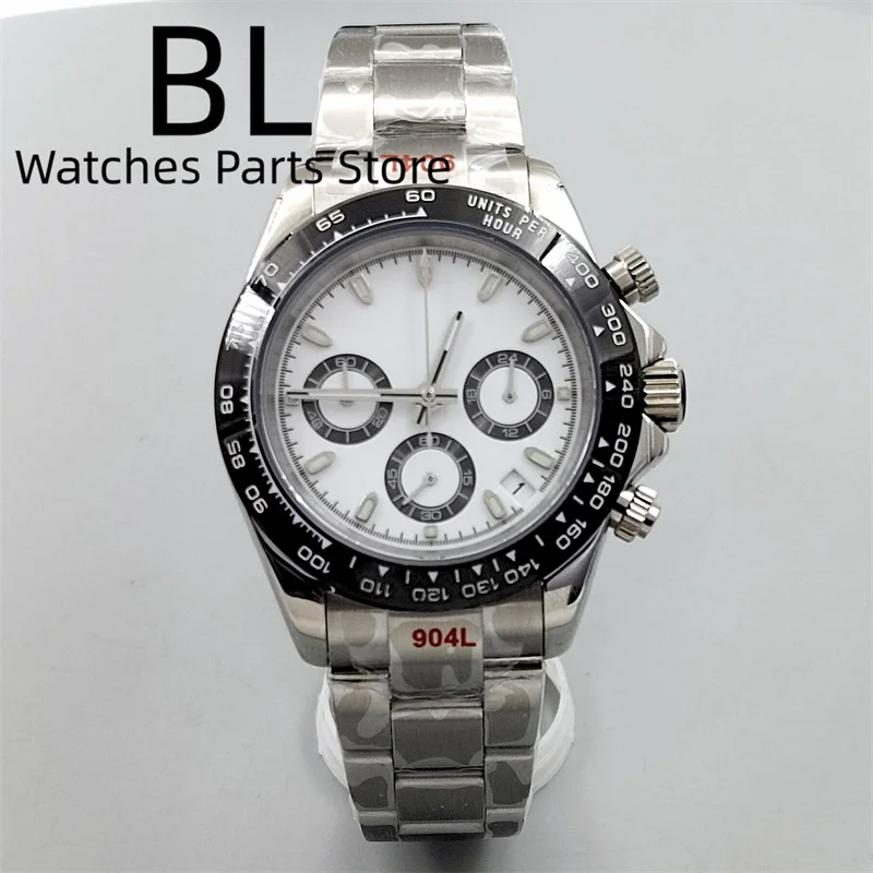 BLIGER 39 مللي متر ساعة كوارتز كرونوغراف للرجال قرص أزرق ثلجي مضيئة كريستال الياقوت VK63 حركة مصقول سوار فولاذي غير قابل للصدأ #6