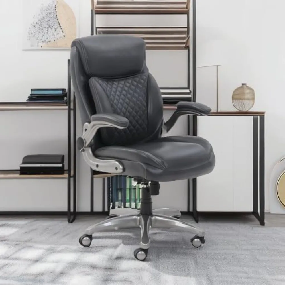 Ergonomic Desk Office Chair, Flip-up Armrests, Adjustable Height, Grey Leather
