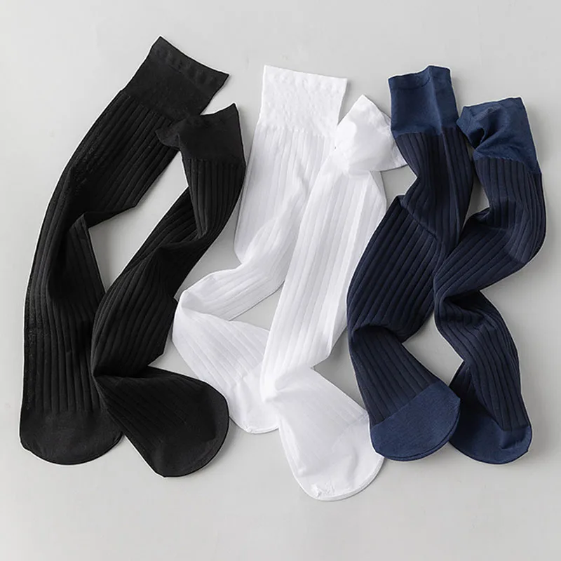 3 Pairs Man Long Silk Socks Business Thin Nylon Striped Breathable Soft Elastic Below Knee Calf Formal Wear Crew Socks Gentleman