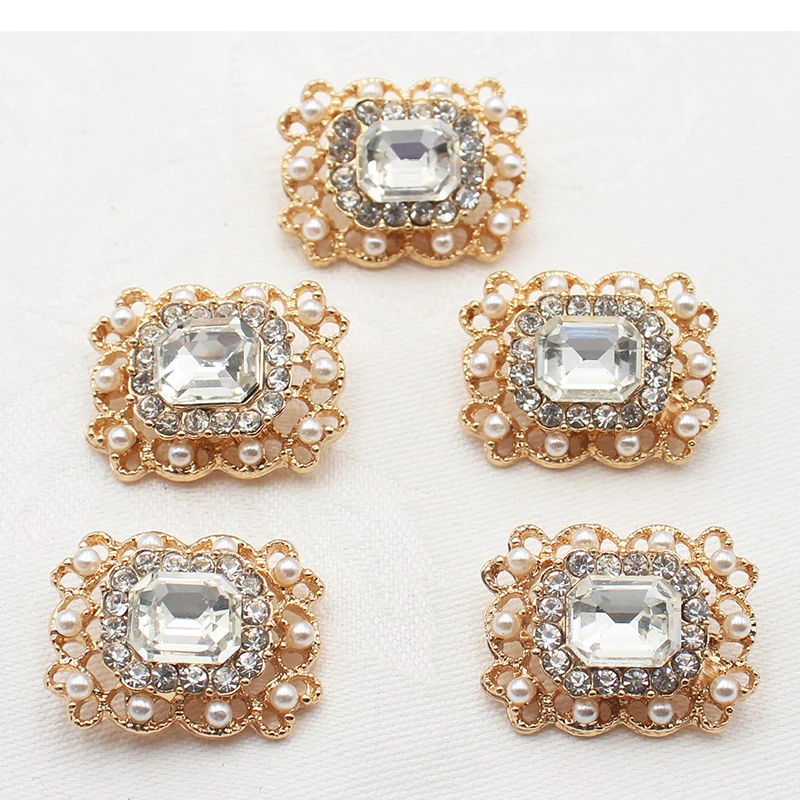 5pcs/batch 24*16mm Creative Rhinestone Alloy Glass Pearl Buttons for Sewing Clothes DIY Bow Hair Accessories Decoration