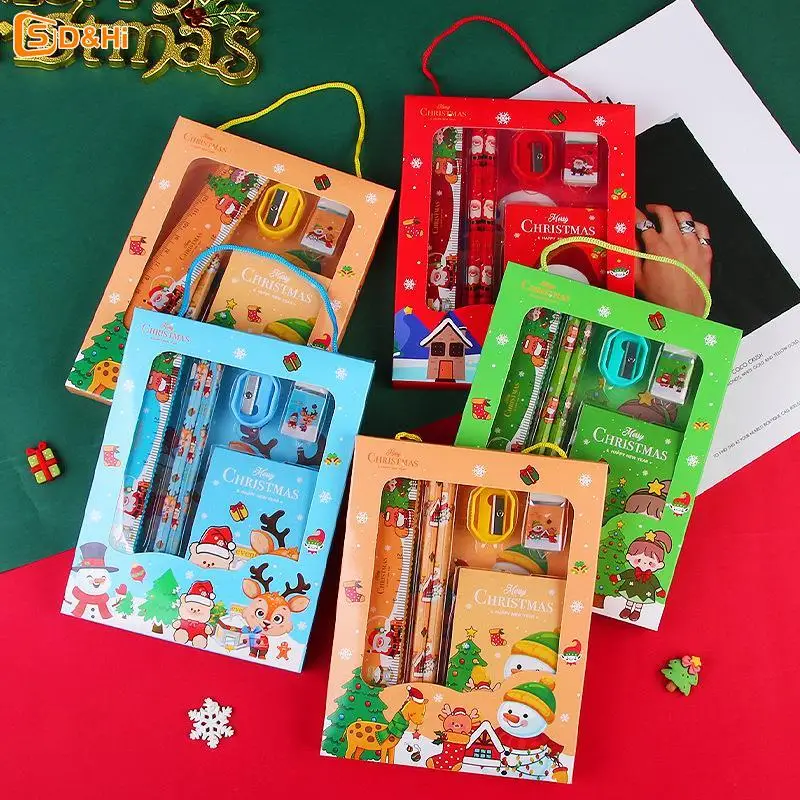 6Pcs/set Christmas Series Kids Stationery Students Ruler Pencil Eraser Pencil Sharpener Notepad Kit School Rewards Supplies