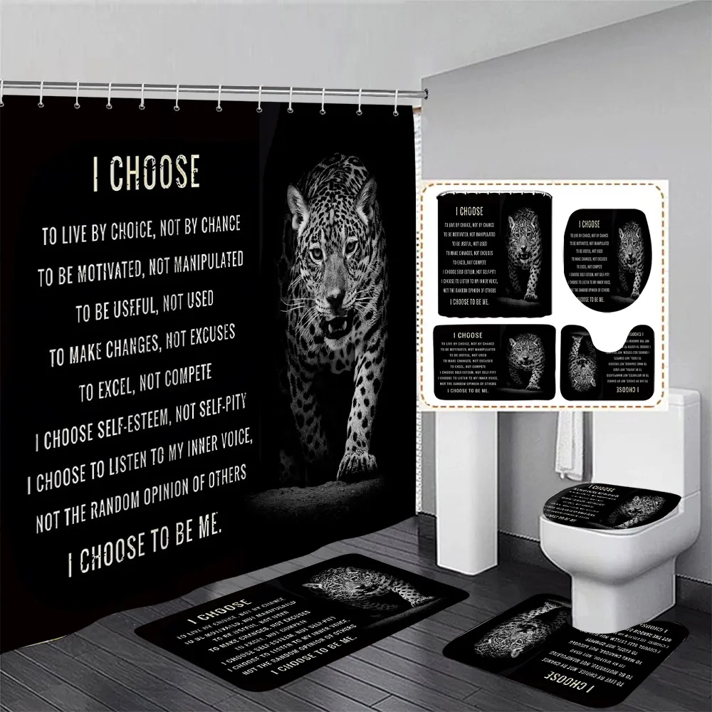 Black Lion Shower Curtain Set Wild Animal Motivational Quote Bathroom Curtains Non-Slip Bath Mat Rug Toilet Lid Cover Home Decor