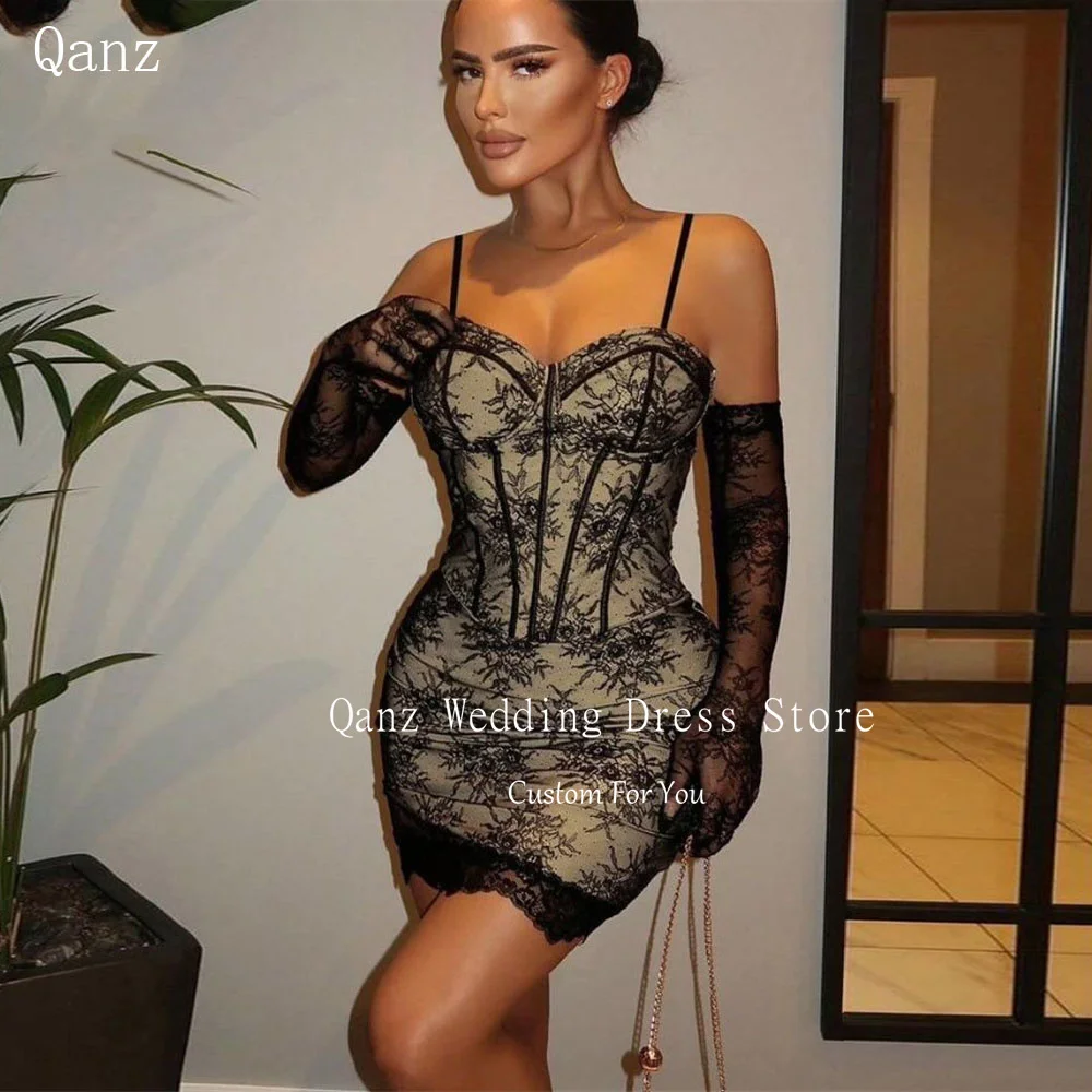 

Qanz Sexy Lace Prom Dresses Spaghetti Straps Sweetheart Mini Vestidos De Gala No Gloves Corset Back Evening Dresses Customized