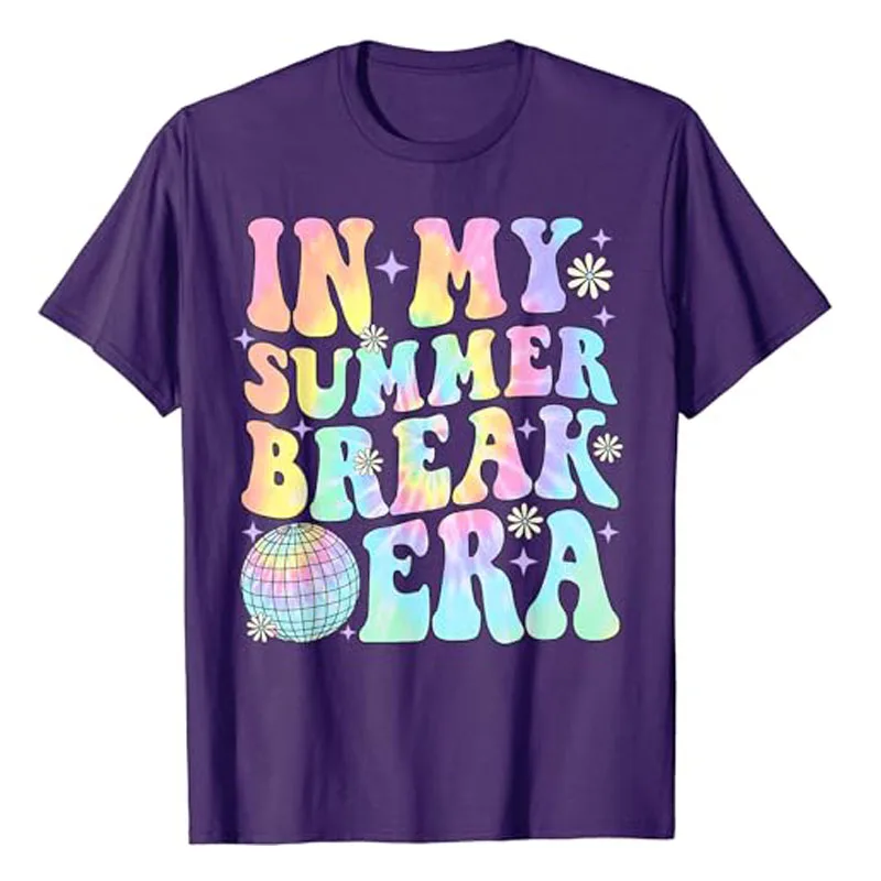 In My Summer Break Era Teacher Summer Break Vacation Fashion Groovy T-Shirt Tie Dye Letter Print Saying Tee Short Sleeve Blouses