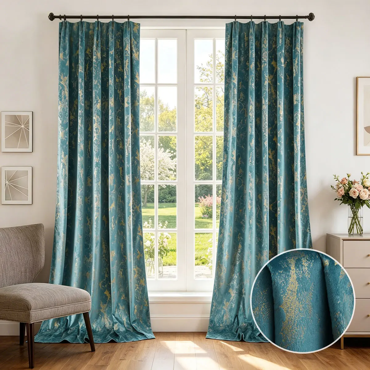 2 Panels Luxury Gold Foil Velvet Blackout Curtains, Vintage Teal Gold Texture Window Drapes for Living Room Bedroom Bay Window