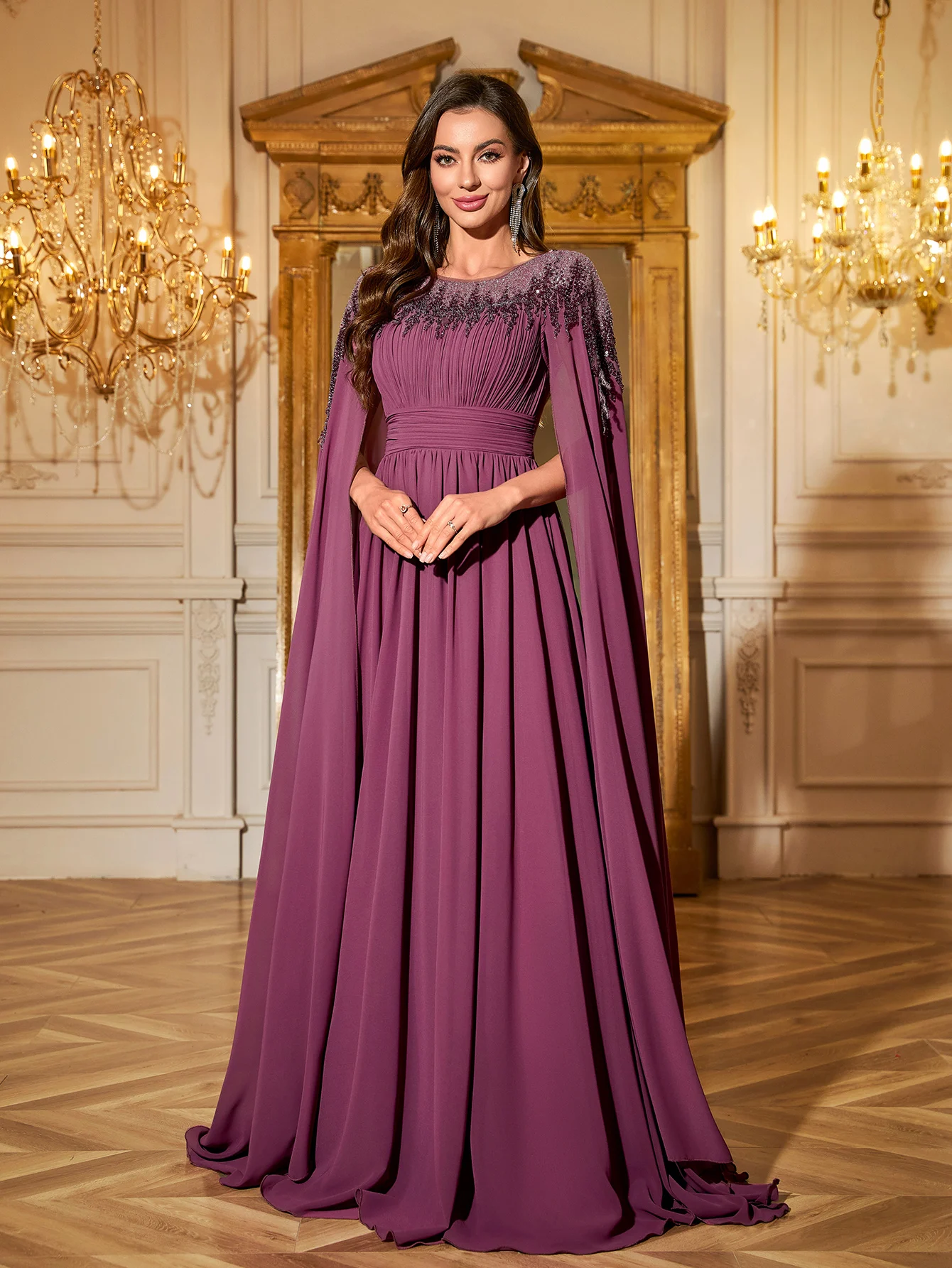 UNITHORSE المرأة أنيقة جولة الرقبة العائمة قطعة كم Ruched التمثال الترتر المرقعة الخرز مساء اللباس