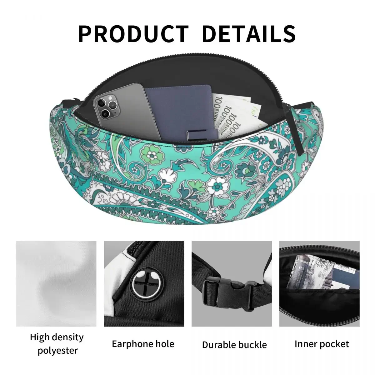 Custom Green Paisley Pattern Fanny Pack for Women Men Fashion Floral Art Crossbody Waist Bag Traveling Phone Money Pouch