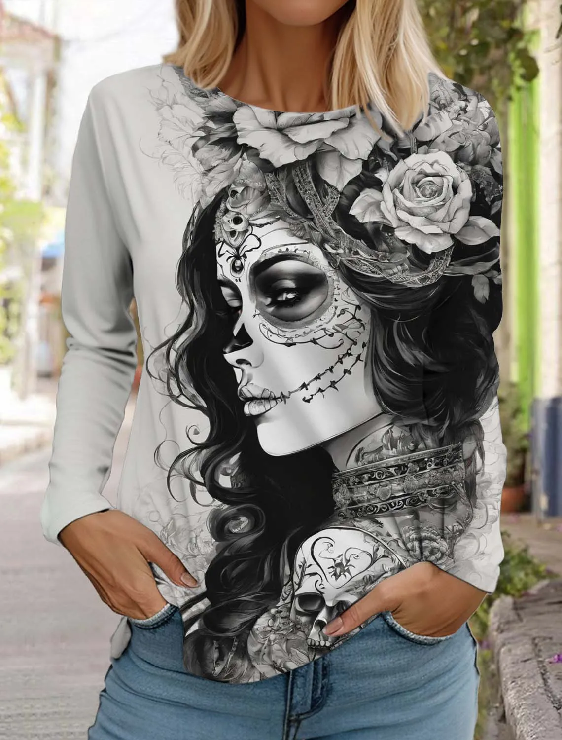 Fashion Sugar Skull Pattern Womens Long Sleeve Shirt Day of the Dead Shirts 3D Printed Tops Summer Gothic style Women's Clothing