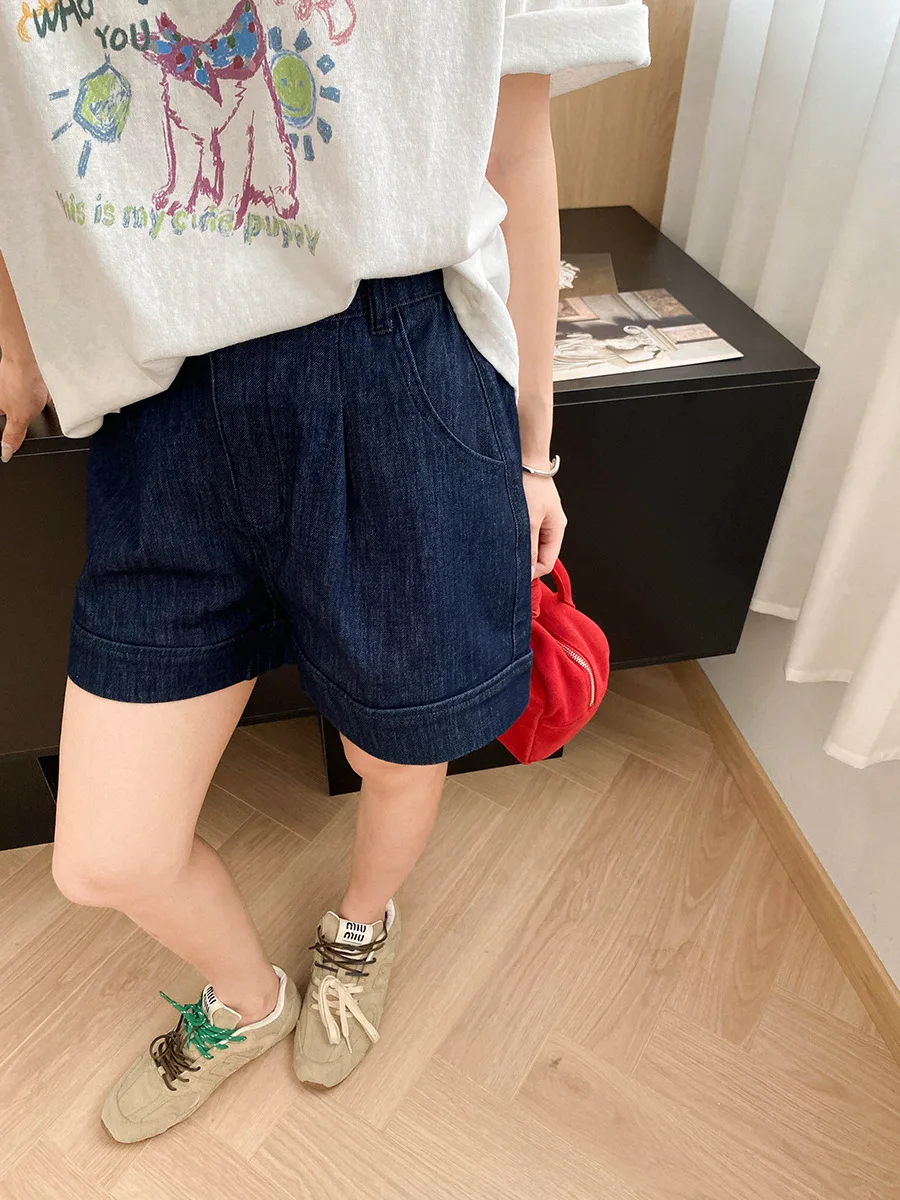 

Summer women's casual solid color high waisted denim shorts