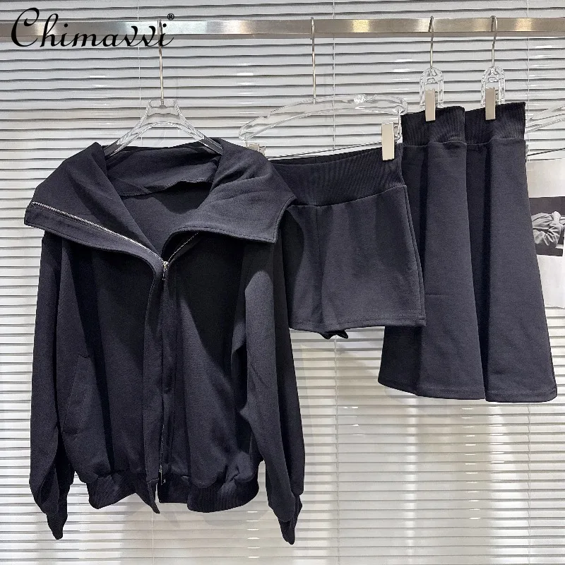 

Spring Clothes New Fashion Sweet Spicy Turn-down Collar Long-sleeve Sweatshirt Jacket + Shorts + Flare Leggings Three-piece Set