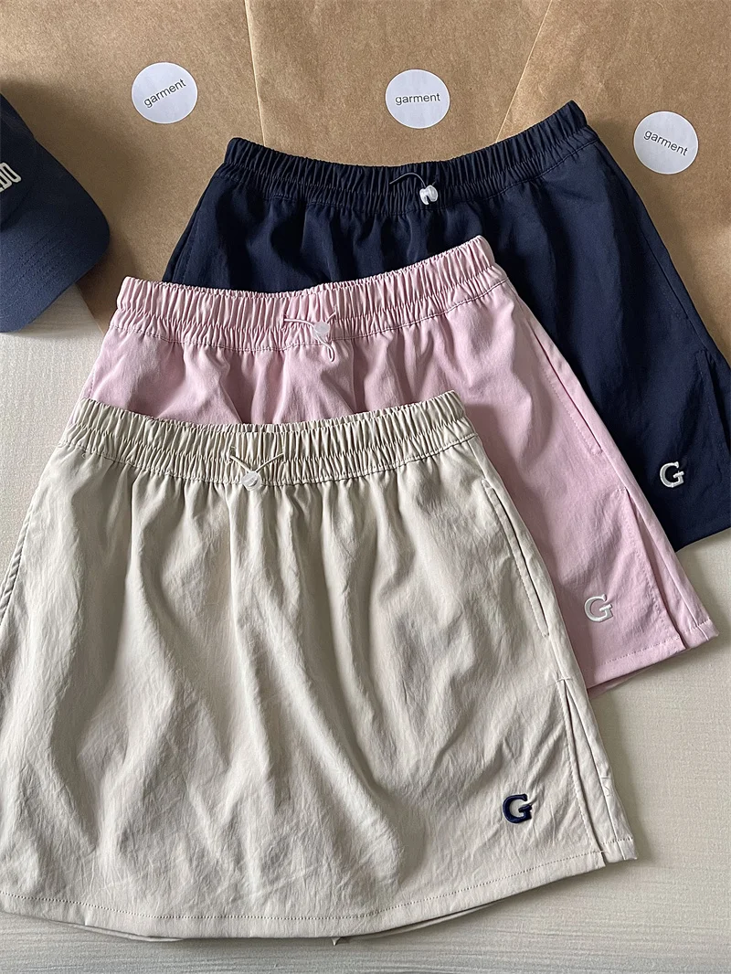 Korean Style Mountain Series Retro Letter Embroidery Workwear Half Skirt Fake Two-Piece Pants High Waist A-Line Skirt