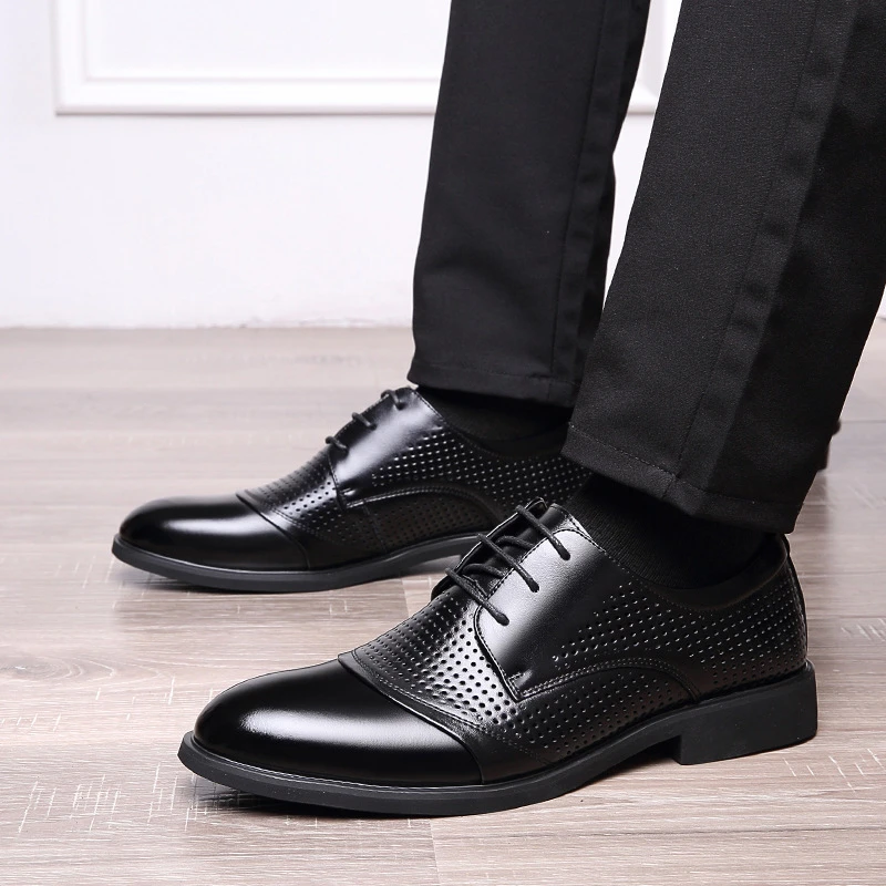 

Mens Summer Formal Business Low Top Leather Shoes Perforated Lace Up Breathable Casual Office Dress Shoes Breathable Non-Slip
