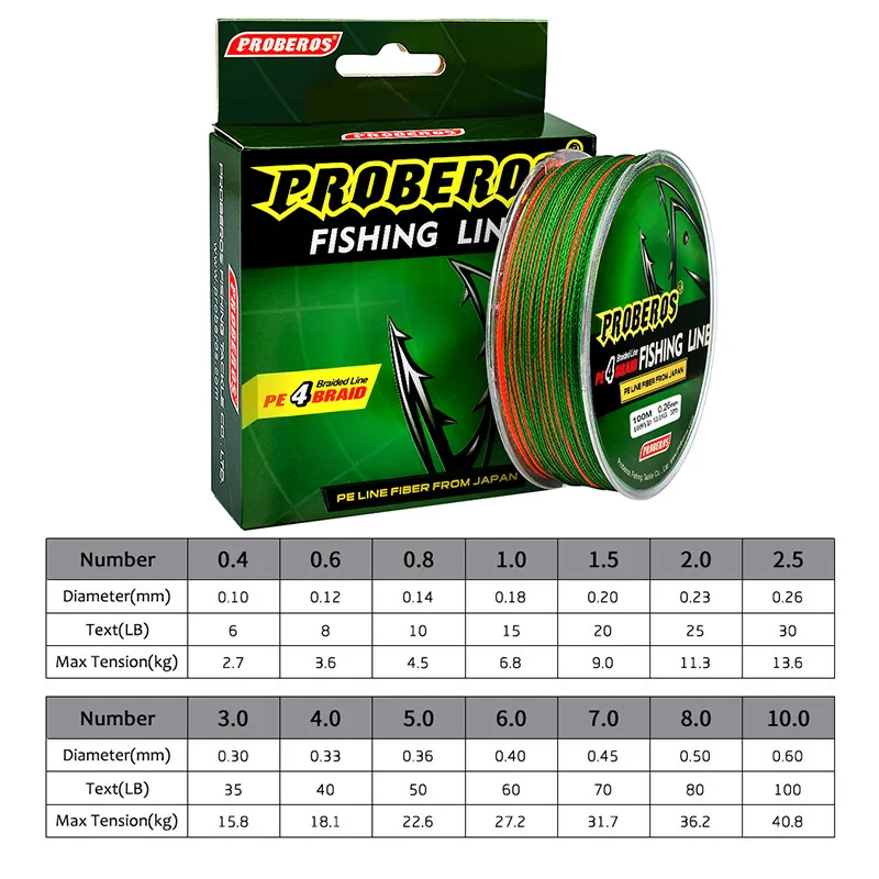 PROBEROS 100M 4 Braids Fishing Line Colorful Abrasion Resistance 4 Weaved Fish Wire 6-100LB Cord Tackle PE Braided Sea Fishline