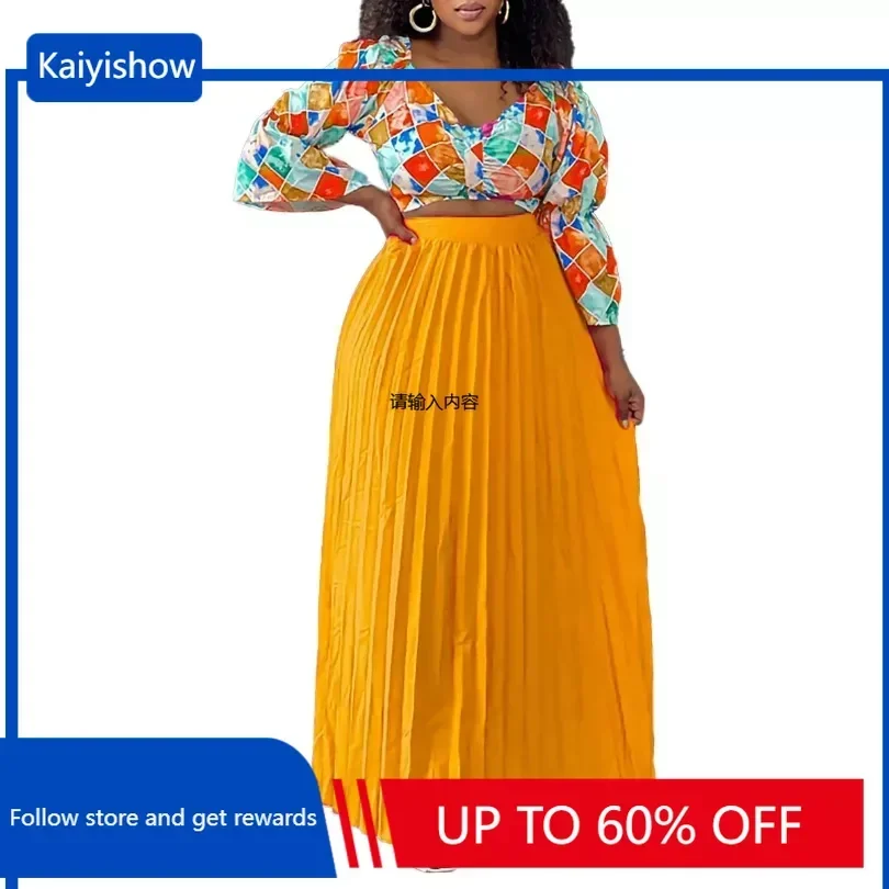 

African Clothes for Women Summer 2024 Elegant African 3/4 Sleeve Print 2 PCS Top Long Pleat Skirts Matching Sets Africa Clothing